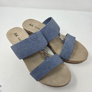 Ann‎ Klein iFlex Women's Sz 7.5 Cork Wedge Denim Blue Strap Sandal
